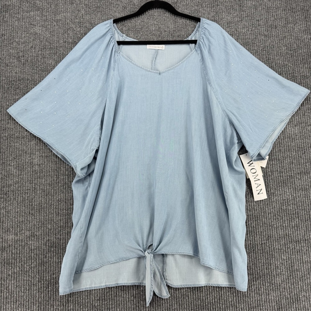 NWT Womens Lyocell Blouse Festival Tie Front Blue Flowy Top Boho Coastal 2X
